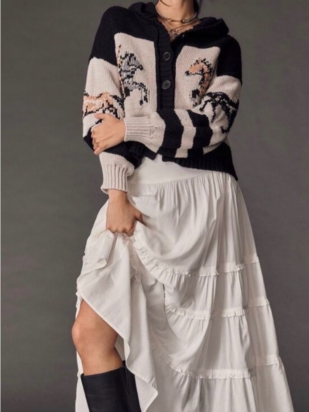 Pilcro | Black & White Pixelated Horses Cardigan
